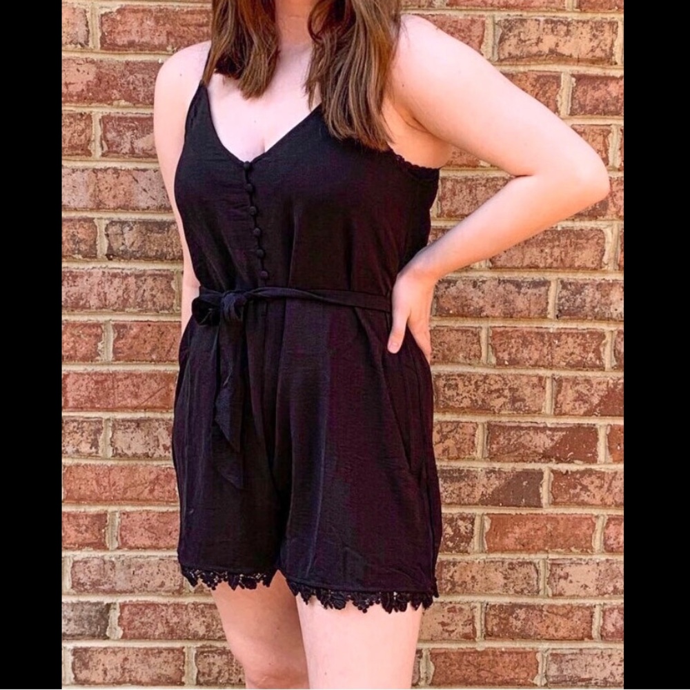 Black Button-Up Romper with Lace Trim